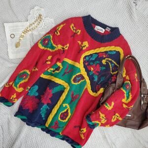 80s vintage knit colorful paisley embroidered sweater